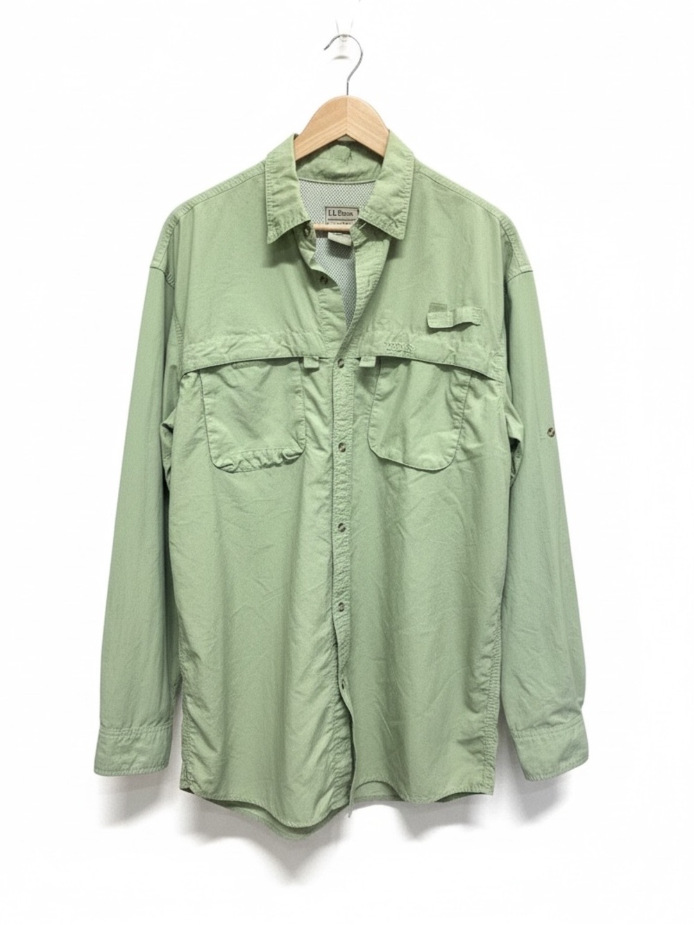 LL Bean Vented Nylon Polyester Green Long Sleeve Fishing Shirt Size L